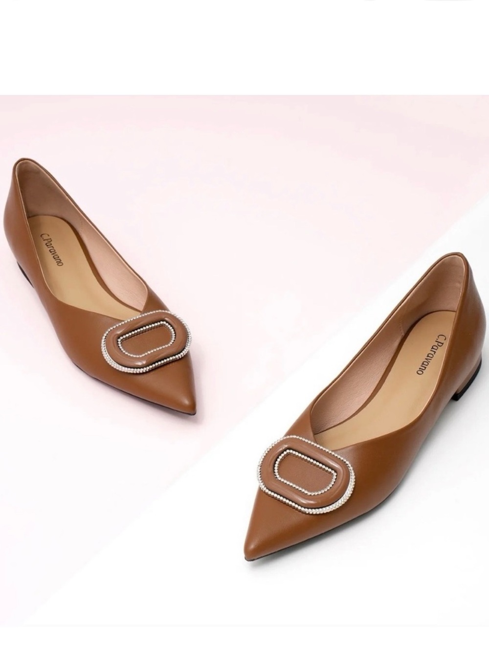 C. Paravano Round Buckle Leather Flats w/ Silver Studded trim in Brown Size 39